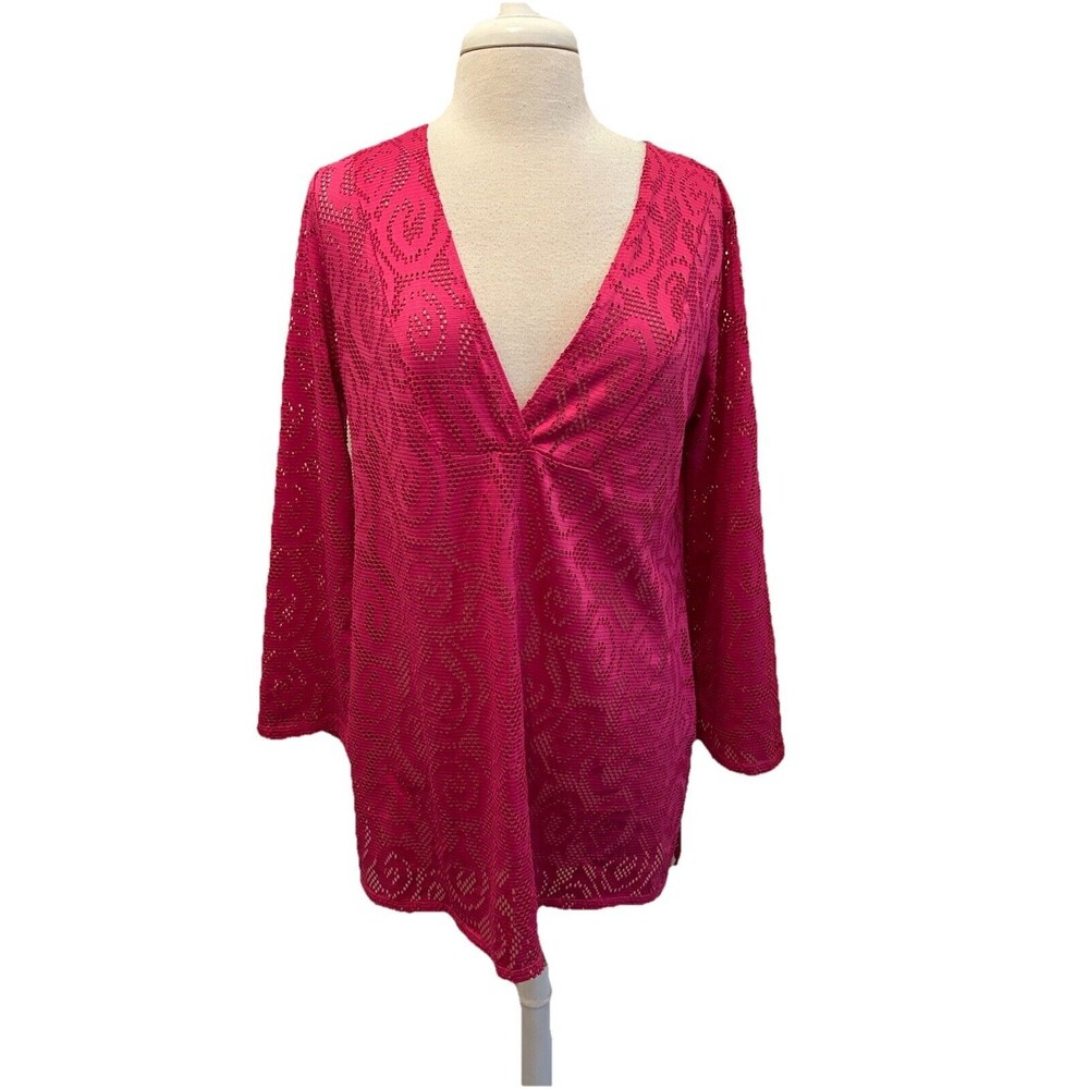 Contour Hot Pink Long Bell Sleeve Bathing Suit Cover Up Large